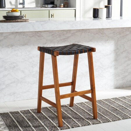 Safavieh 20 x 18.5 x 30 in. Abreu Rectangle Barstool with Black Leather & Natural Wood BST1012E